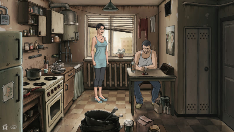 A woman stands in a worn kitchen while a man drinks at the table, in Little Kite